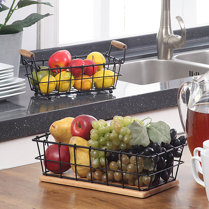 2 Tier Rectangle Storage Basket With Acacia Base